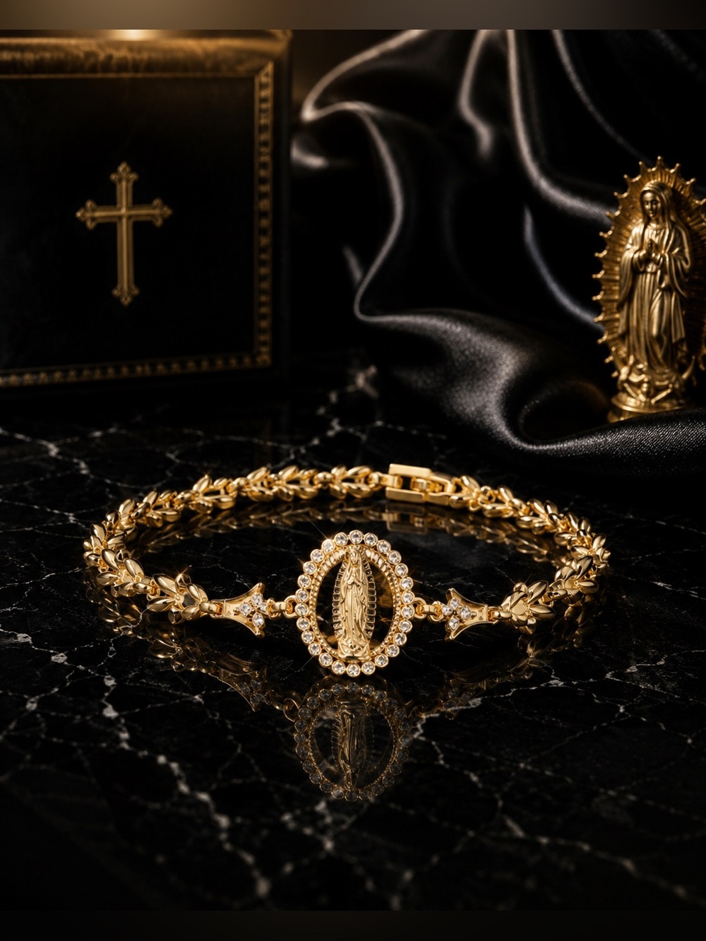 Gold Virgin Mary Oval Bracelet with Rhinestone Halo